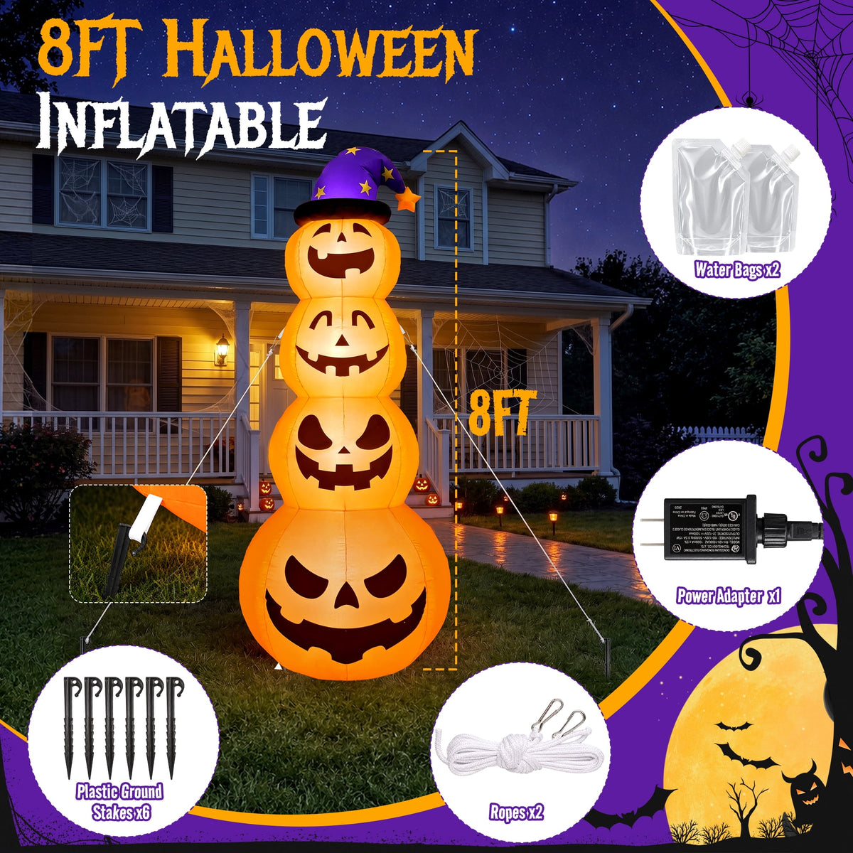 Witchwood™ 8 ft Halloween Pumpkin Stack Inflatable Decoration with Witch Hat, Lighted Blow up Yard Decor for Outdoor Lawn Garden