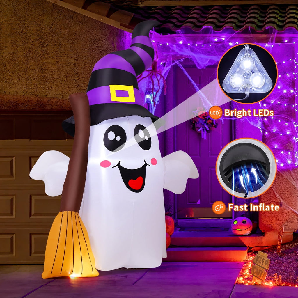 Witchwood™ Halloween Inflatables 6 FT Halloween Ghost Inflatable Grasping Broom with LED Lights, Blow up Ghost Cute Inflatable Ghost, Outdoor Halloween Decorations for Holiday Party Indoor Outdoor