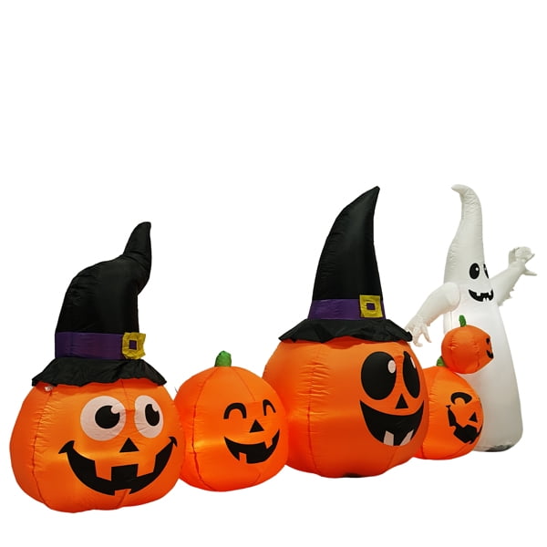 Witchwood™ 8FT Halloween Inflatable Pumpkin Ghost Scene, 5 Total LEDs, Waterproof Polyester, Quick Inflation with Stakes/Ropes for Yard/Garden/Indoor