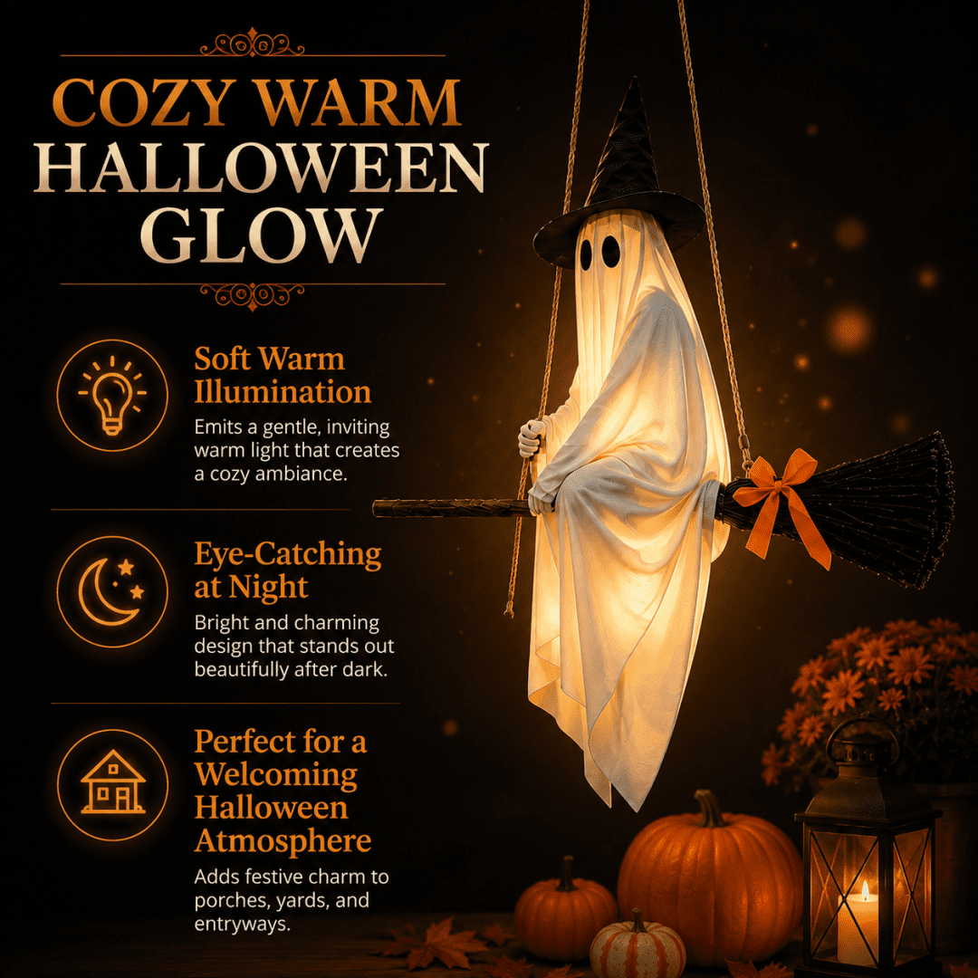 Witchwood™ LIGHTED HANGING GHOST WITCH HALLOWEEN DECORATION Floating White Ghost With Black Witch Hat Rustic Broom And Orange Bow Warm Glow