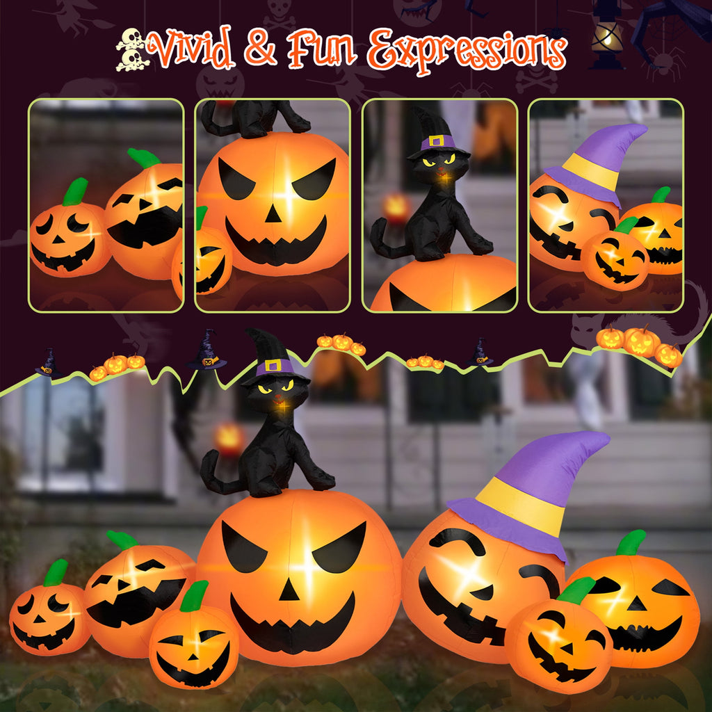 Witchwood™ B&D 8FT Long Halloween Inflatables Pumpkin, Blow Up Pumpkins Inflatables with Witch Hat & Black Cat Built-in LED Lights for Halloween Party Yard Garden Lawn Decor