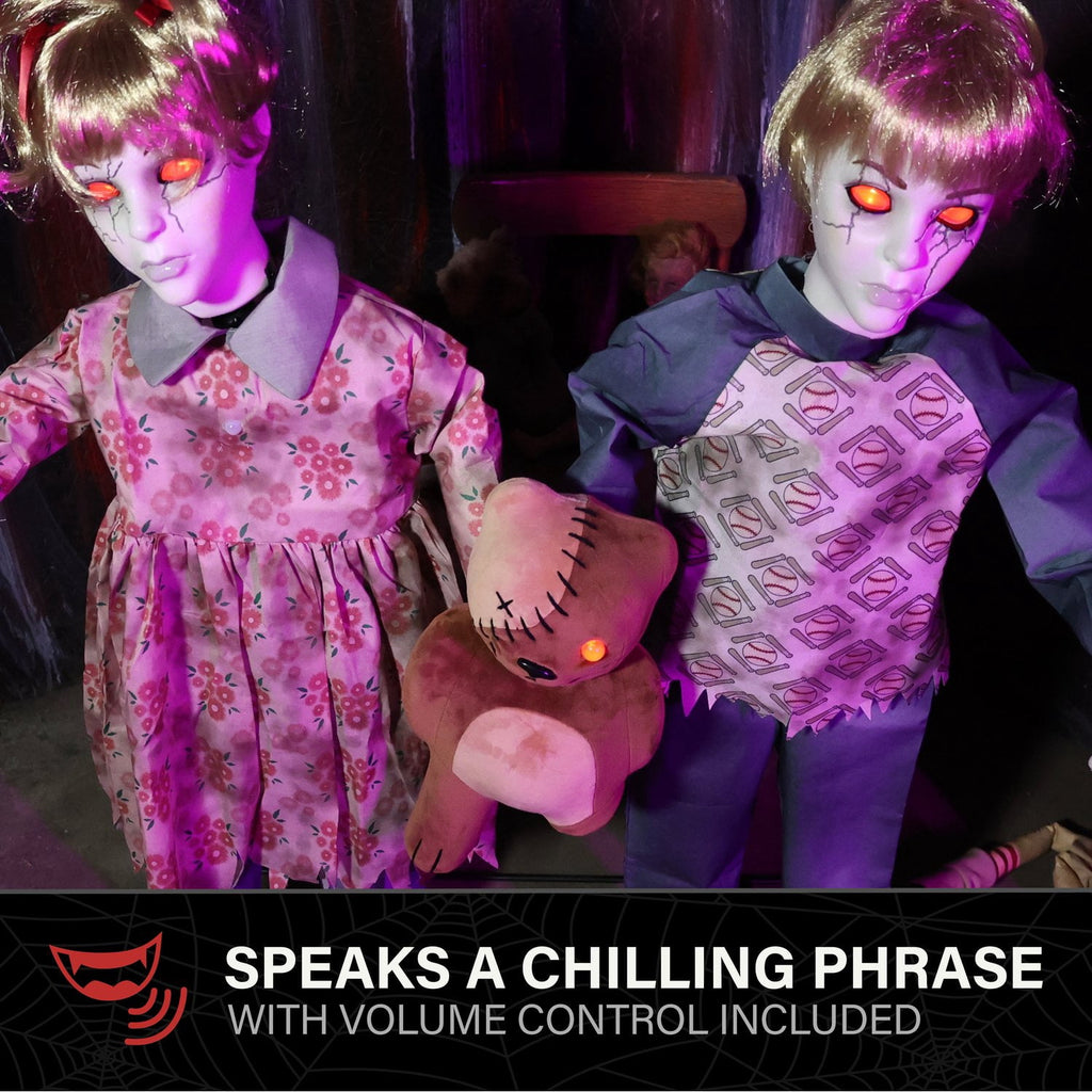 Witchwood™ Apocalypse Twins Halloween Animatronics with Red Eyes & Head Sync, 3-Ft