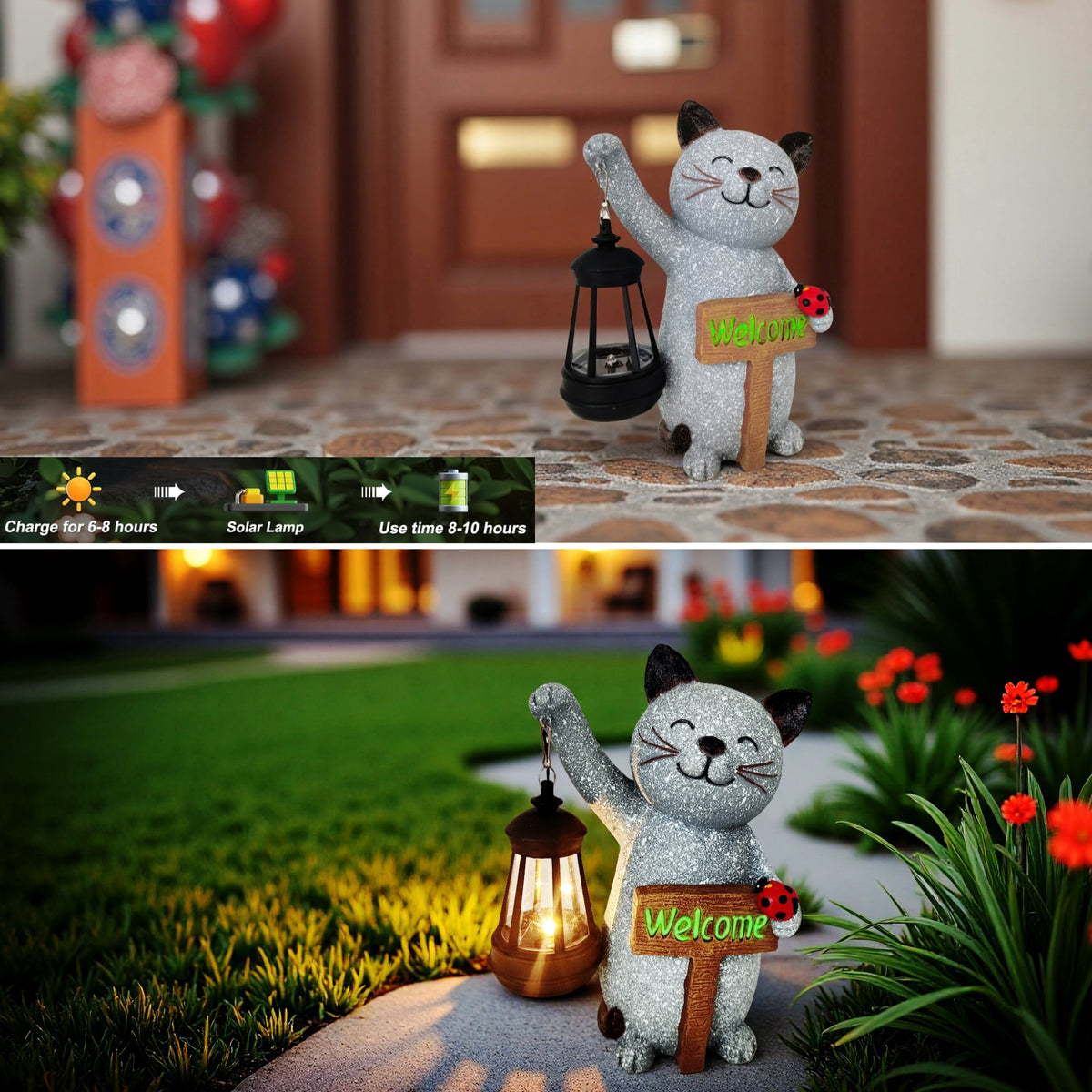 Witchwood™ Halloween Decorations Solar Cat Statue Light Garden Decor, Led Home Outside Decor for Patio Yard Pool Front Porch Flower Pots, Solar Powered Welcome Cat Lantern Gardening Gifts