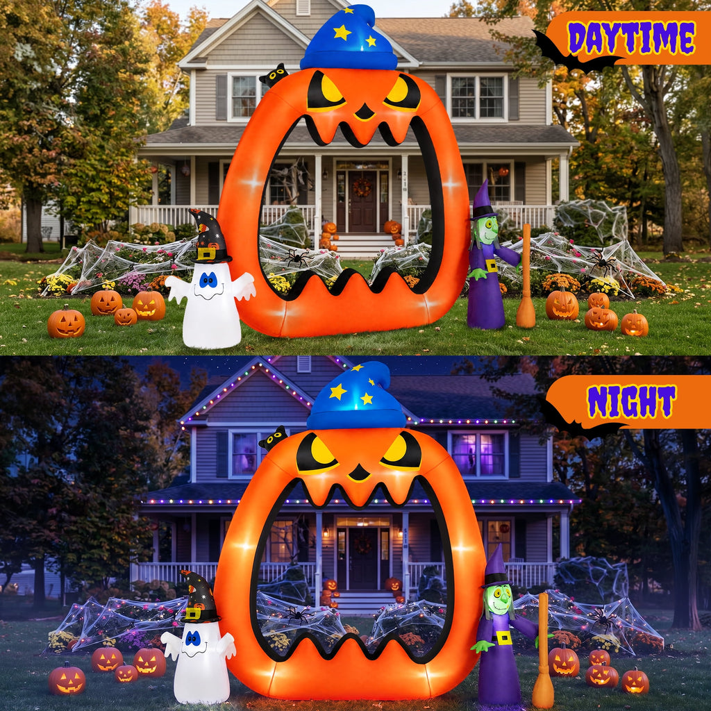 Witchwood™ 8.2ft Halloween Inflatable Pumpkins Photo Door with Ghost Witch Yard Party Outdoor Decorations with LED Lights