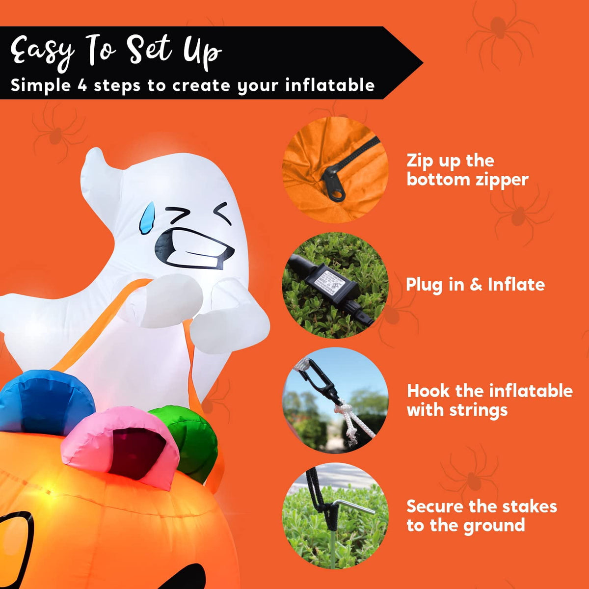 Witchwood™ 5ft Halloween Inflatables Light up Cute Ghost,Blow Up Ghost Lift Pumpkin Candy Bag with Build-in LEDs for Yard Decorations