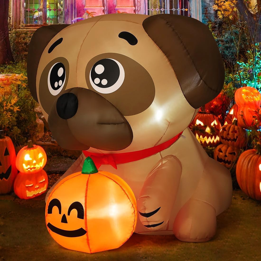 Witchwood™ COMIN 5 FT Halloween Inflatables Dog Outdoor Yard Decorations Blow Up Pug Holding Pumpkin with Built-in LEDs for Indoor Party Garden Lawn Decor