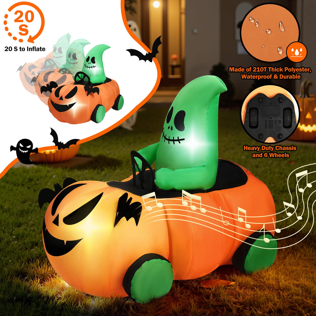Witchwood™ 2.6ft Halloween Inflatable with Music and Lights,Remote Control Pumpkin Ghost Car,Blow ups Rc Car,Indoor Outdoor,Orange Green