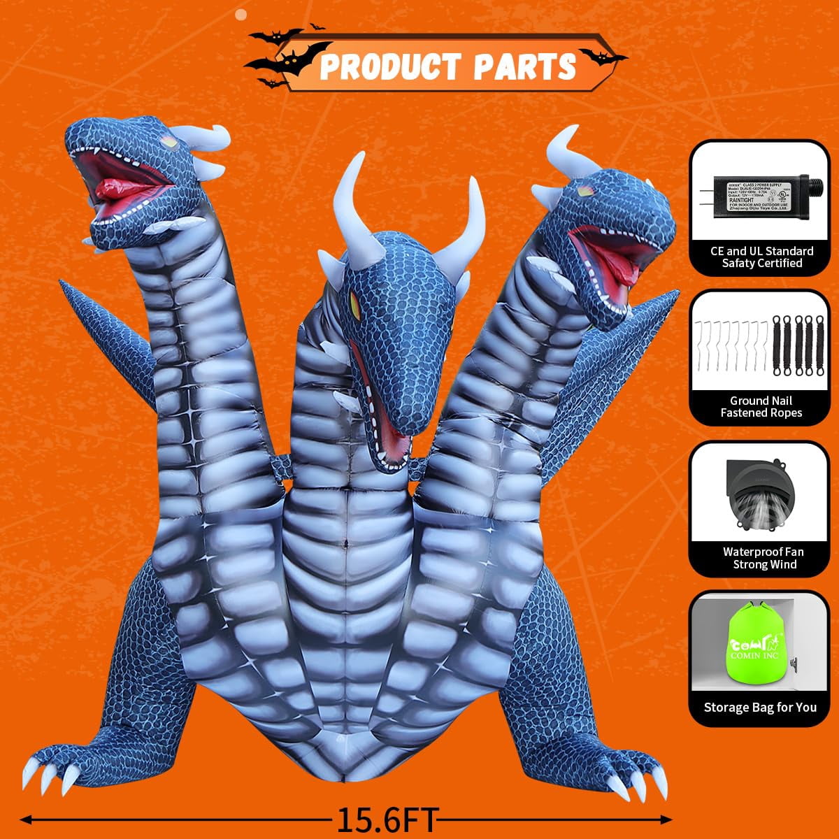 Witchwood™ COMIN 15.6 FT Long Animated Halloween Inflatables Outdoor Decorations Black Hydra Dragon - Giant Yard Blow Up Decoration Built-in LED Lights for Halloween Party Yard Lawn Garden Patio Decor