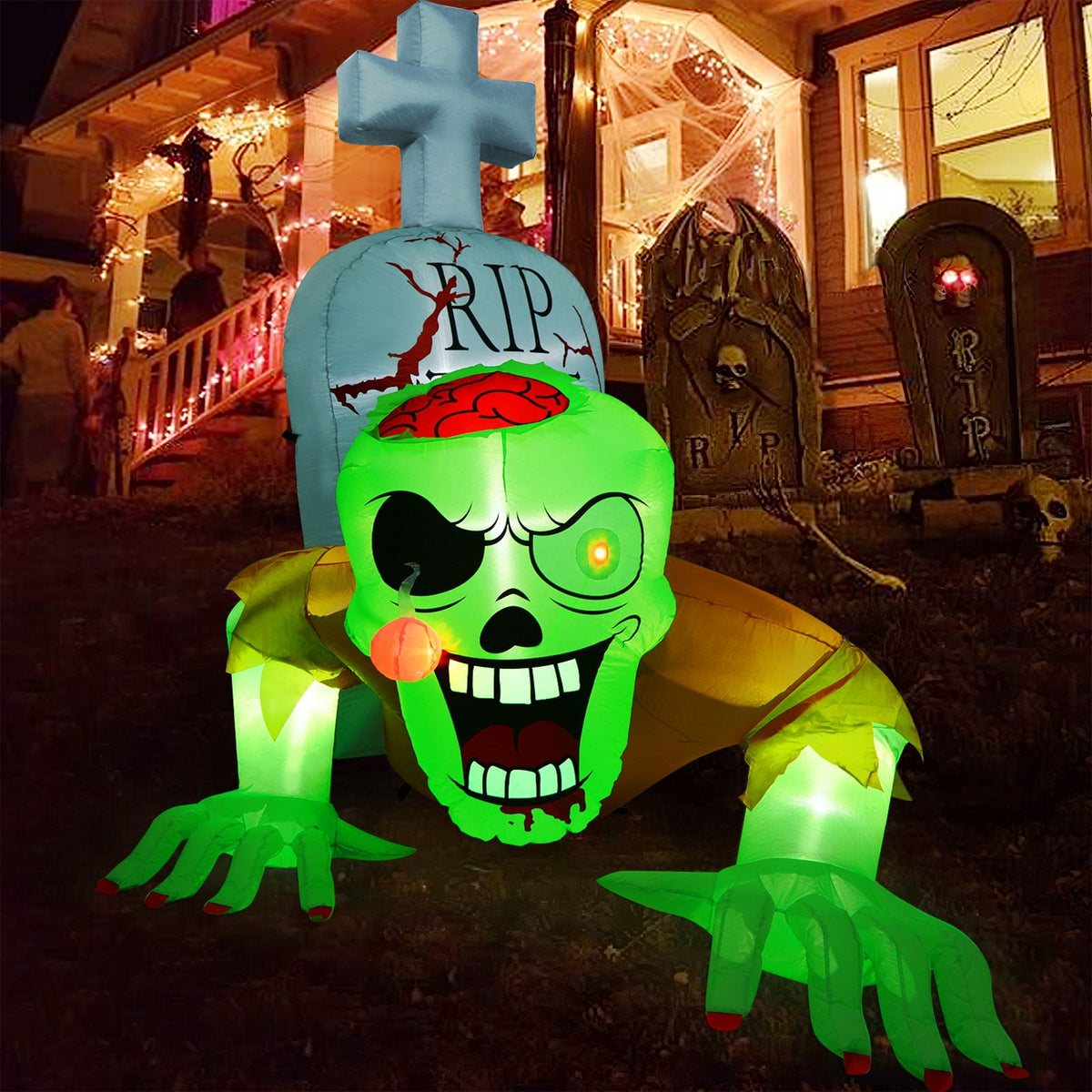 Witchwood™ 5.7FT Inflatable Halloween Inflatable Crawling Green Ghost with Tombstone Built-in LED Lights Inflatable LED Lights Blow Up Yard Decoration