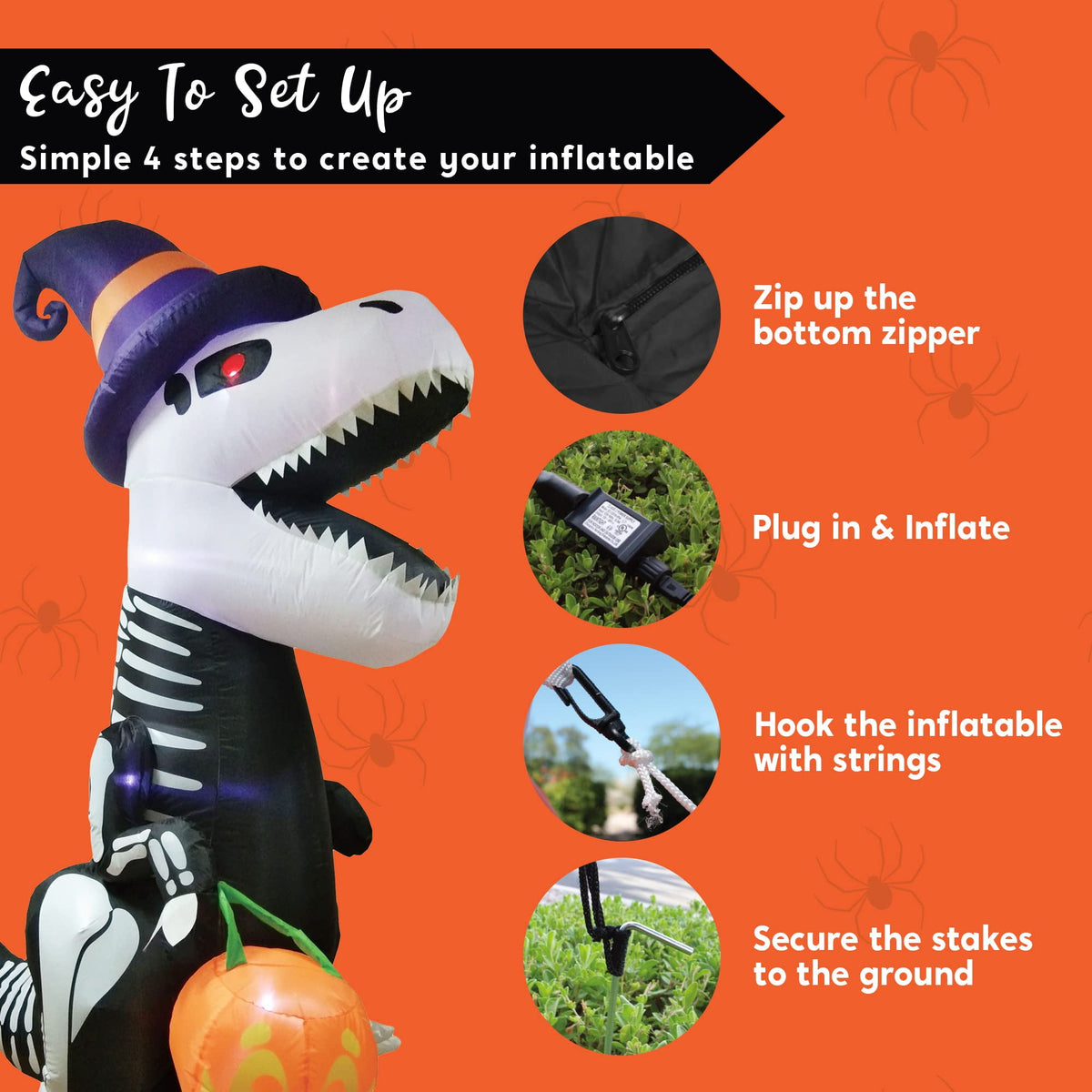 Witchwood™ 8 FT Halloween Inflatable Skeleton Dinosaur with Build-in LEDs Pumpkin Decorations,Halloween Outdoor Decorations Blow up Yard Decorations