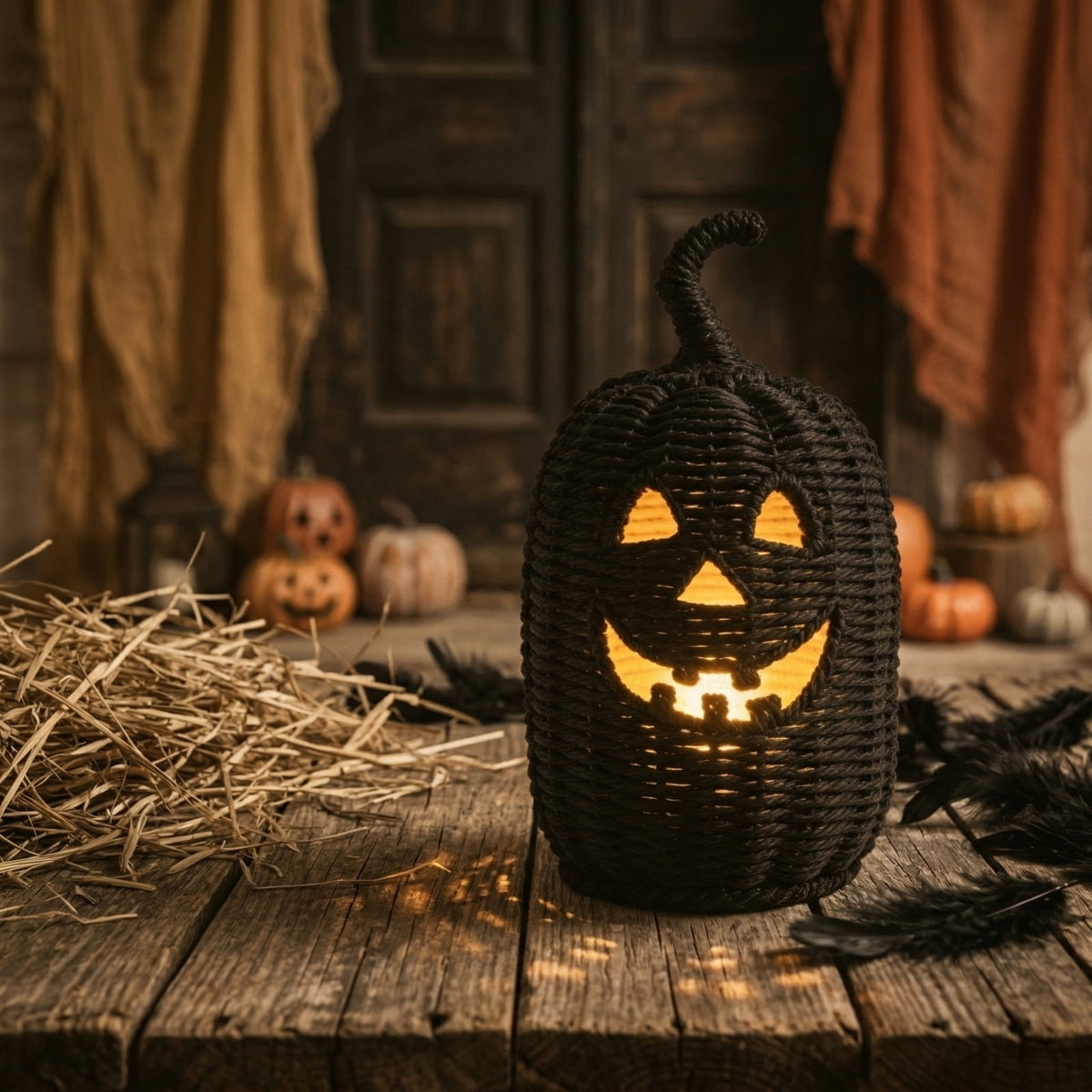 Witchwood™ THOPBPRK 2026 Black Halloween Woven Pumpkin Jack-O'-Lantern, Halloween Decorations Pumpkin, USE LED Candle, Rattan Fall Halloween Decor for Home, 1Pack 11.8 Inch A