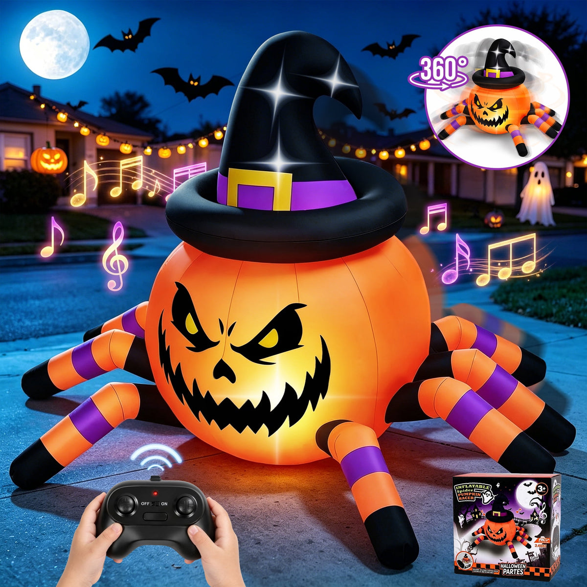 Witchwood™ (2 pack) 2.6ft Remote Control Halloween Inflatable with Music Lights,Pumpkin Spider Car Blow ups Rc Car,Indoor Outdoor Decorations