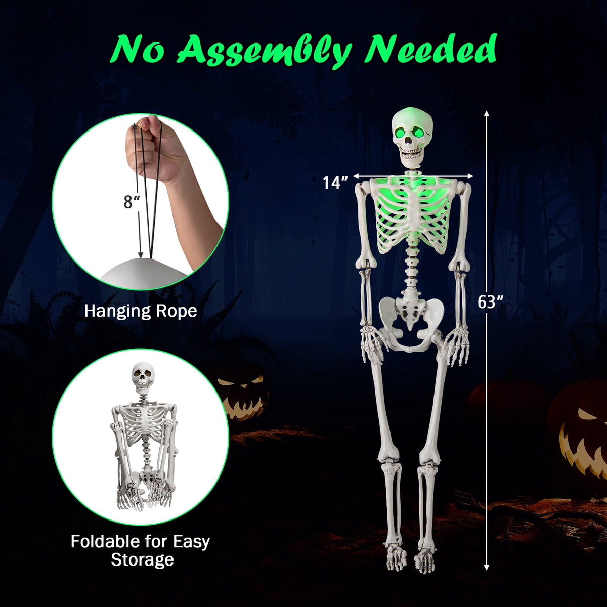 Witchwood™ Costway 5.5 FT Poseable Halloween Skeleton Life-Size Decoration with Built-in Lights Green