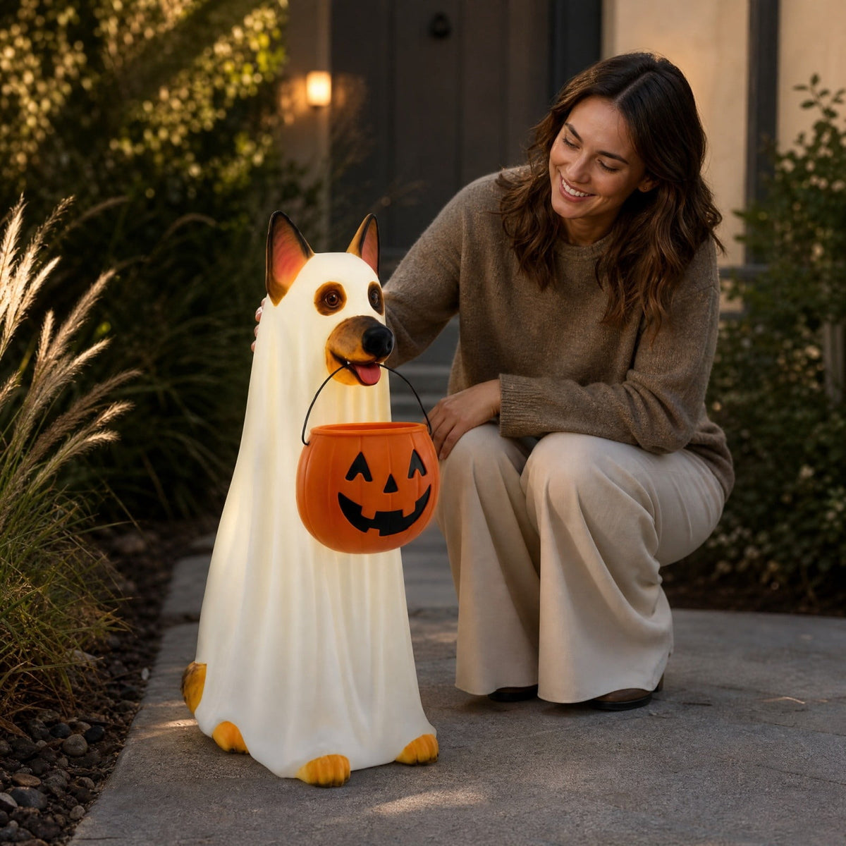 Witchwood™ Clearance! Halloween Ghost Dog Statue with Pumpkin Candy Bowl, 14" LED Ghost German Shepherd Blow-Molded Figurine Outdoor, Halloween Candy Holder Decoration Gift for Porch Yard Patio Indoor