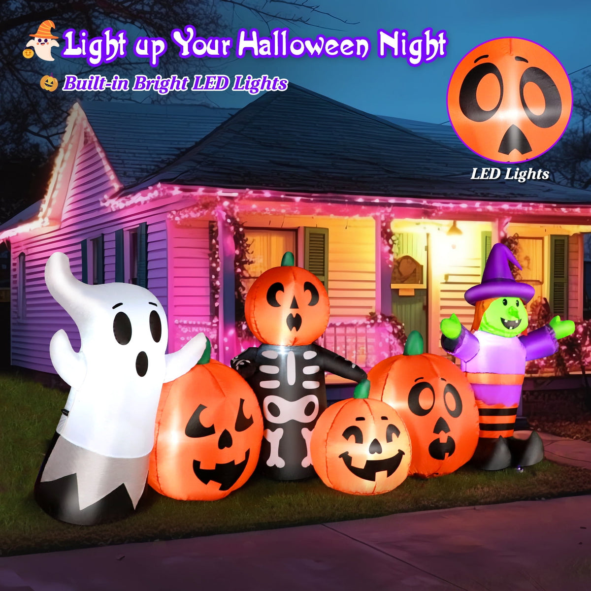 Witchwood™ 8FT Length Halloween Inflatable Witch, Ghost, with Pumpkin Outdoor Decoration for Party Garden Lawn House Holiday Decor,Built-in LED Lights & Powerful Air Blower