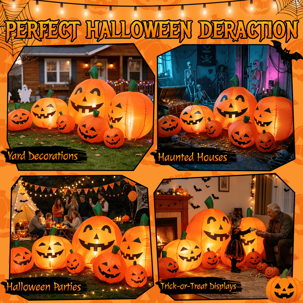 Witchwood™ 7.5 FT Long Halloween Inflatables Pumpkin Family Lighted,7 Pumpkins Blow Up Yard Decoration, Built-in LEDs, Stakes & Tethers Included for Outdoor Lawn Garden Halloween Decor