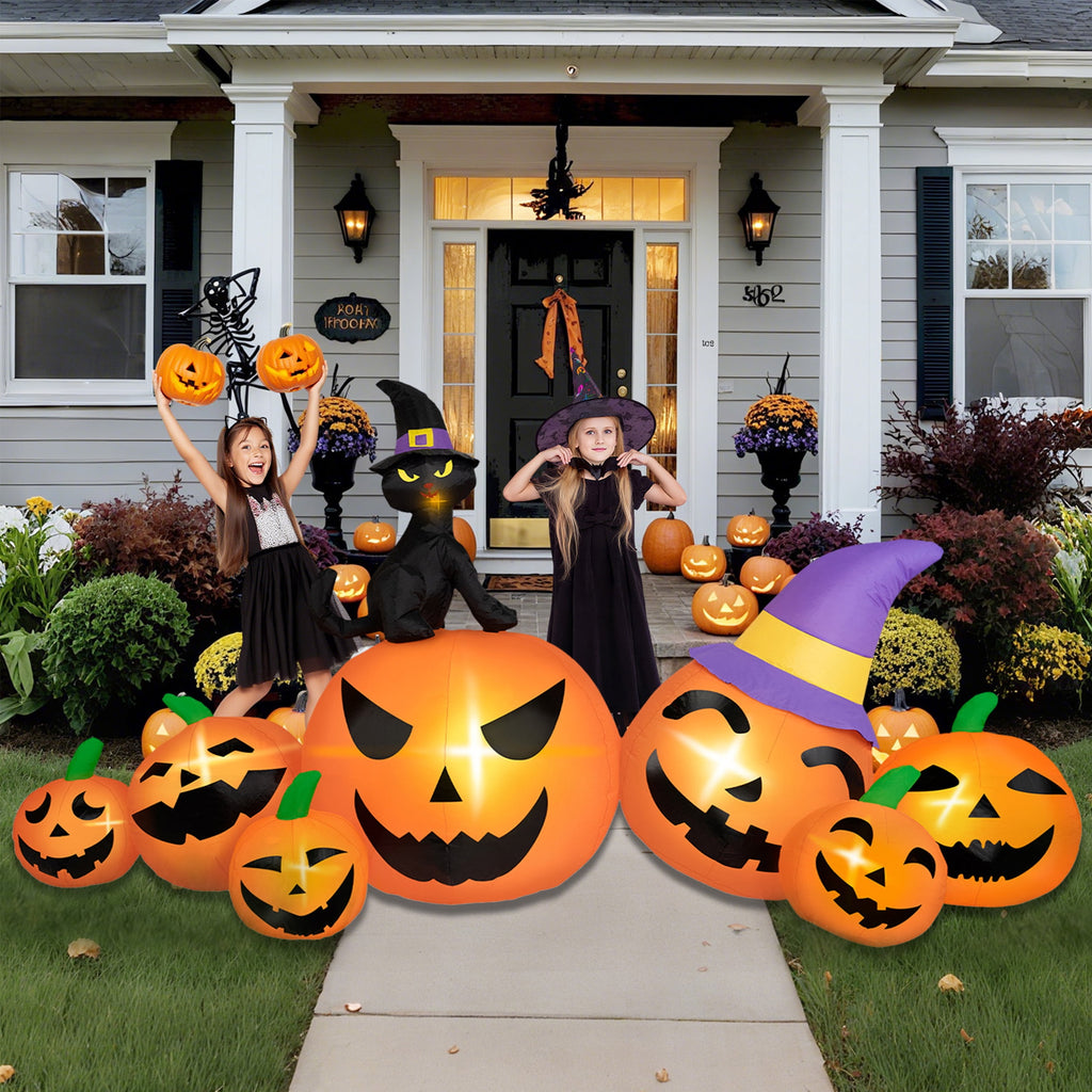 Witchwood™ B&D 8FT Long Halloween Inflatables Pumpkin, Blow Up Pumpkins Inflatables with Witch Hat & Black Cat Built-in LED Lights for Halloween Party Yard Garden Lawn Decor