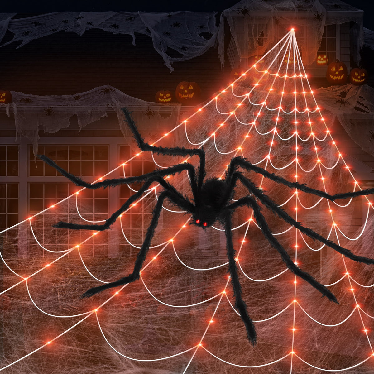 Witchwood™ Scidweet Halloween Decorations Outdoor, 350 LED Halloween Spider Web Lights with 79" Large Spider for Outside Garden Yard Home Decor, Orange