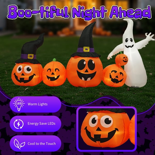 Witchwood™ 8FT Halloween Inflatable Pumpkin Ghost Scene, 5 Total LEDs, Waterproof Polyester, Quick Inflation with Stakes/Ropes for Yard/Garden/Indoor
