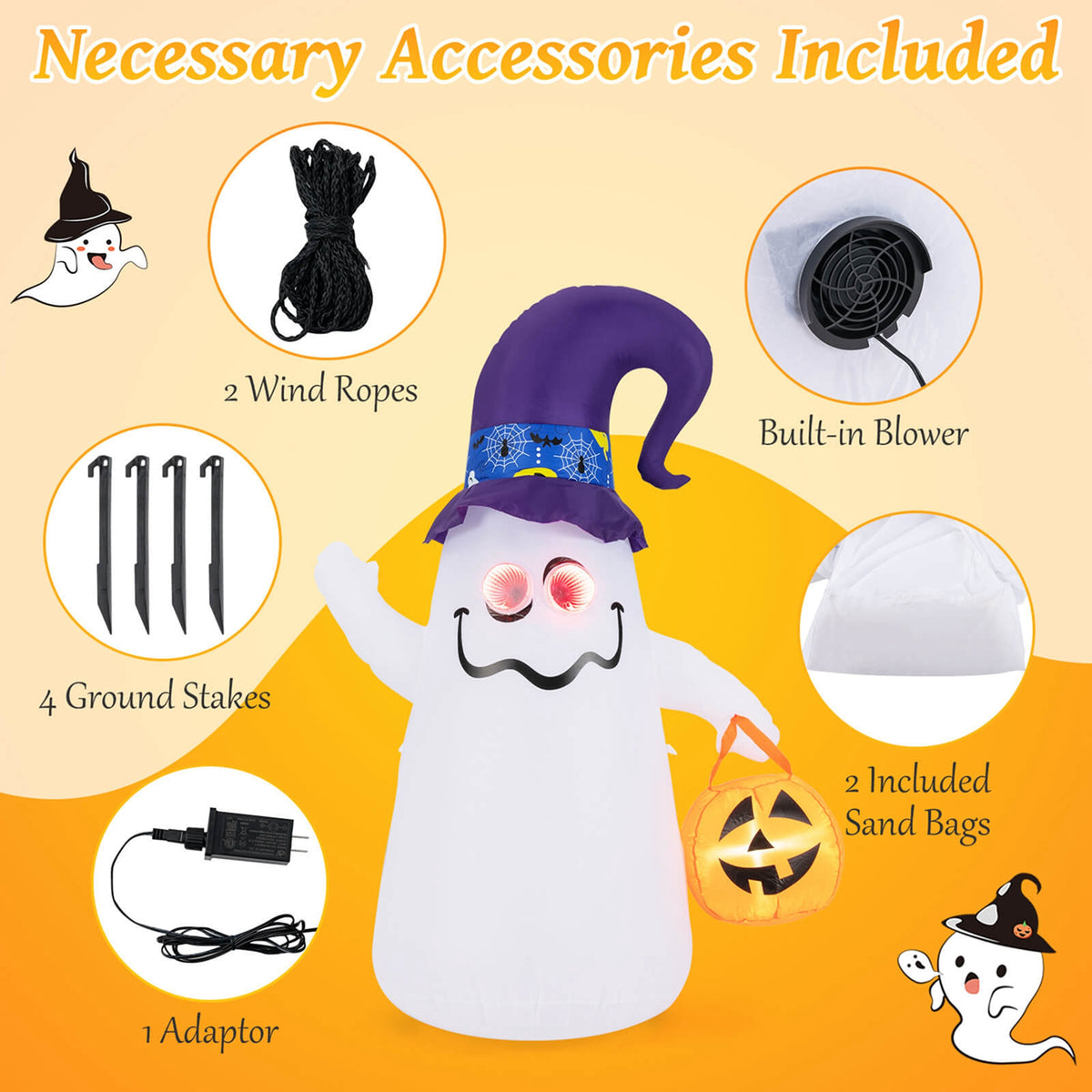 Witchwood™ Costway 6 Ft Halloween Inflatables Cute Ghost with Jack-O-Lantern & Witch Hat