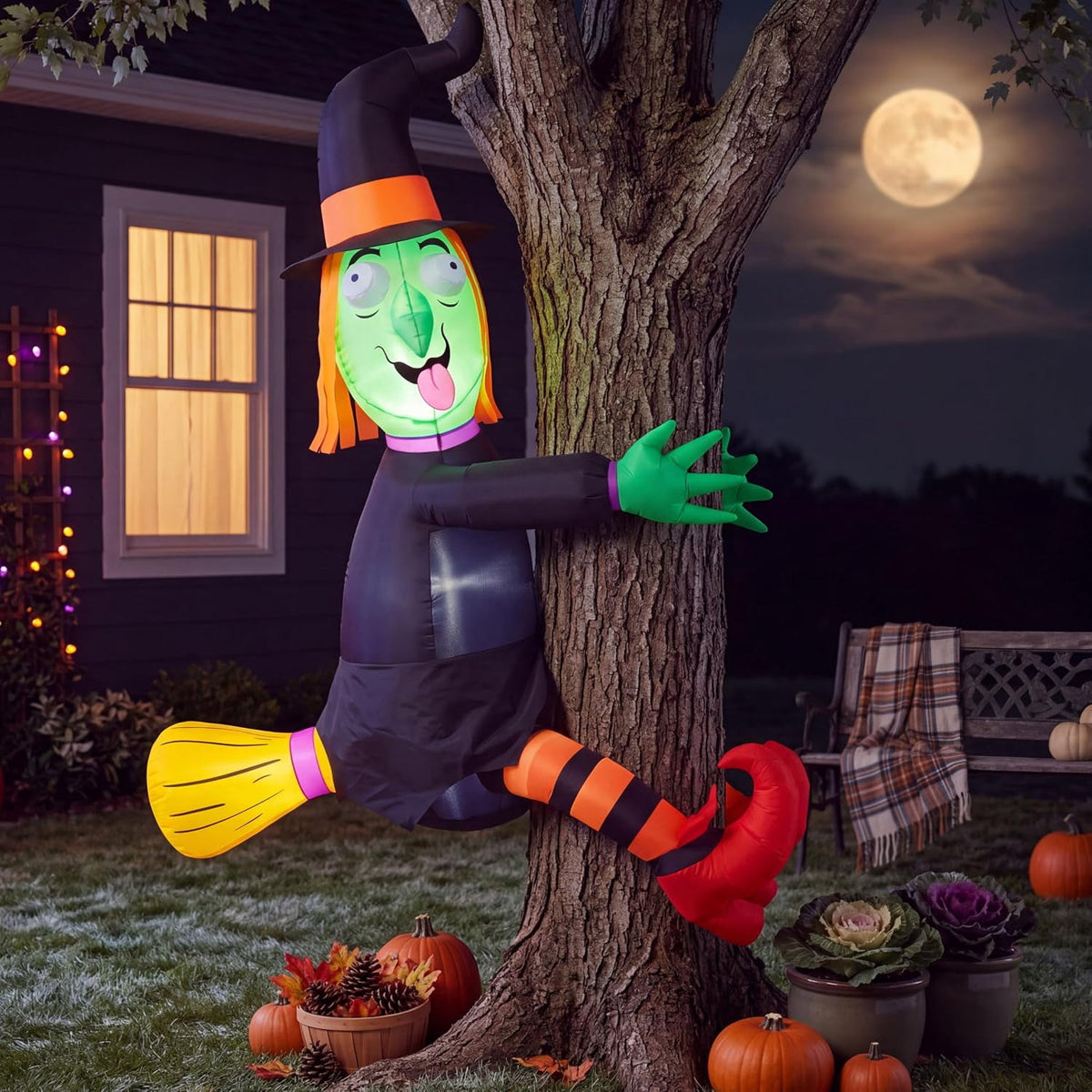 Witchwood™ 4 FT Halloween Inflatables Witch Crashing Into Tree,LED Lighted Blow Up Yard Decoration for Outdoor Garden Lawn Party Decor