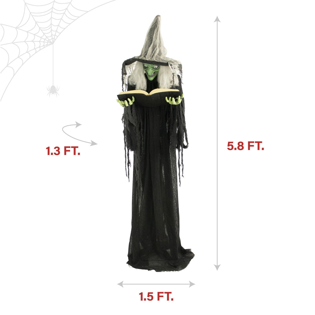 Witchwood™ 5.5 ft Poseable Witch with Spell Book, Lights and Sound, Indoor/Covered Outdoor Halloween Decoration, HHWITCH-9FLS