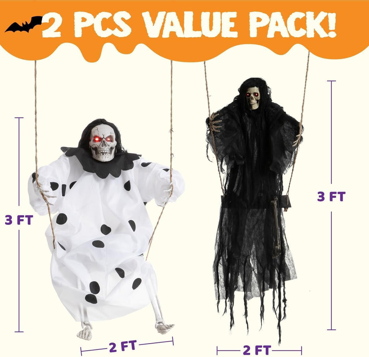 Witchwood™ 2 Packs Halloween Decorations Outdoor Hanging Swinging Skeleton Ghosts,3 ft Light Up Creepy Grim Reaper Decorations for Halloween Hanging Decorations Indoor Outdoor Yard