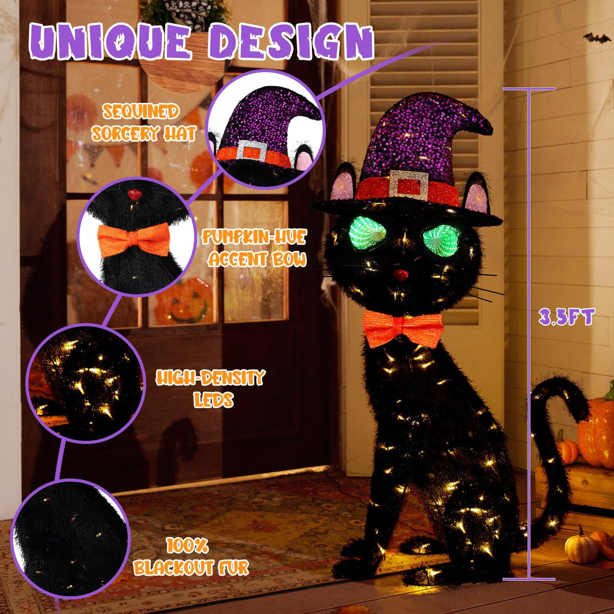 Witchwood™ MARACOL 3.5FT Black Cat Halloween Decor, Animated Eyes Scary Halloween Cat Decor with Witch Hat, Light-Up Black Cat with 125 LED for Outdoor Indoor Yard Porch Lawn Garden