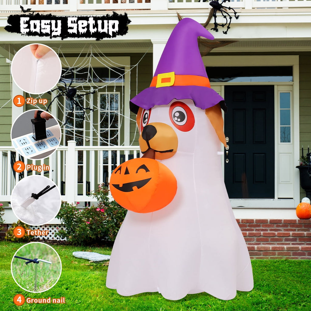 Witchwood™ Halloween Inflatables 6 FT Inflatable Ghost Dog with Pumpkin in Mouth & Witch Hat, Halloween Ghost Dog Inflatables with LED Lights, Outdoor Halloween Decorations for Halloween Holiday Party