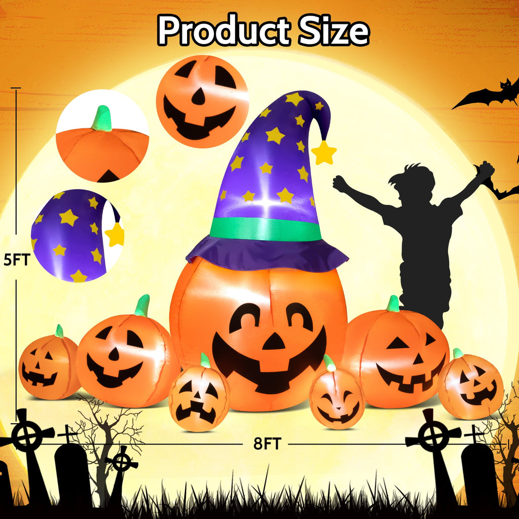 Witchwood™ 8.7ft Halloween Inflatables Pumpkins 7 Blow Up Decor with Witches Hat, Built-in LED Lights for Halloween Party, Yard, Garden, Lawn