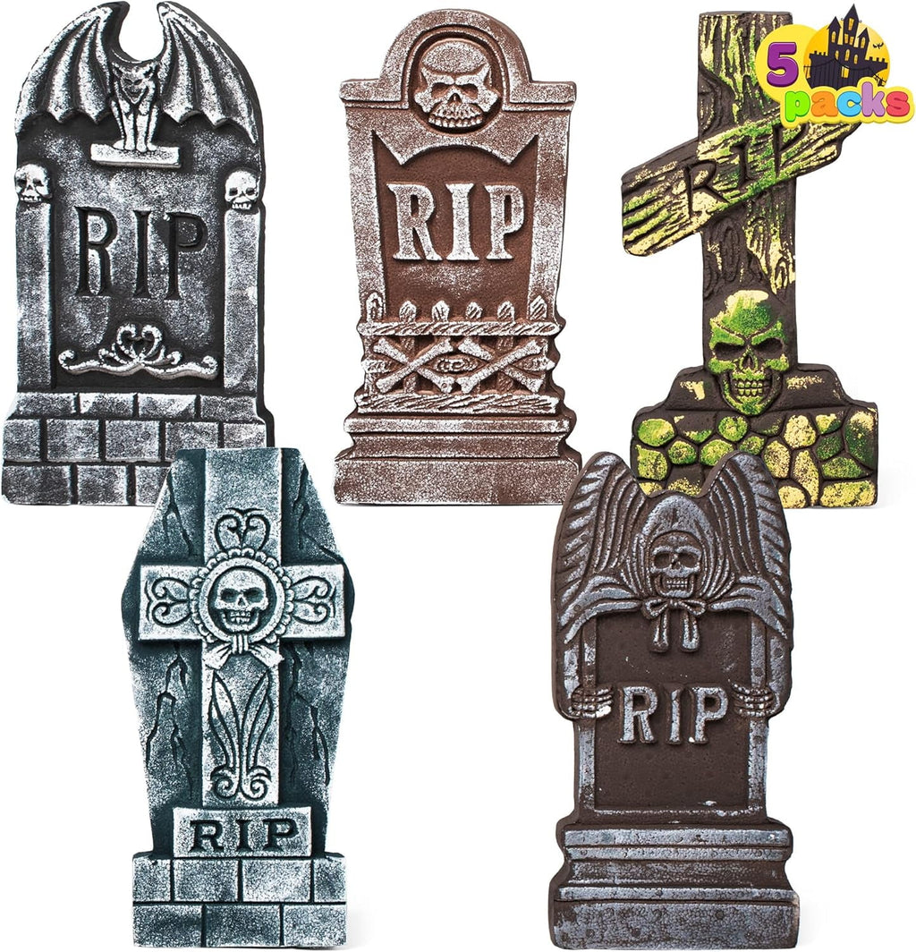 Witchwood™ 17" Halloween 5 Pack Tombstone Decorations, Foam RIP Graveyard Signs Cemetery Headstones Scary Outdoor Indoor Halloween Decor with 12 Metal Stakes for Easy Set Up, Waterproof for Garden Lawn