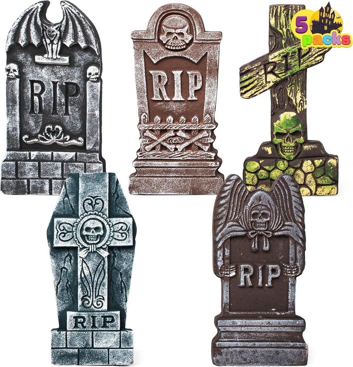 Witchwood™ 17" Halloween 5 Pack Tombstone Decorations, Foam RIP Graveyard Signs Cemetery Headstones Scary Outdoor Indoor Halloween Decor with 12 Metal Stakes for Easy Set Up, Waterproof for Garden Lawn
