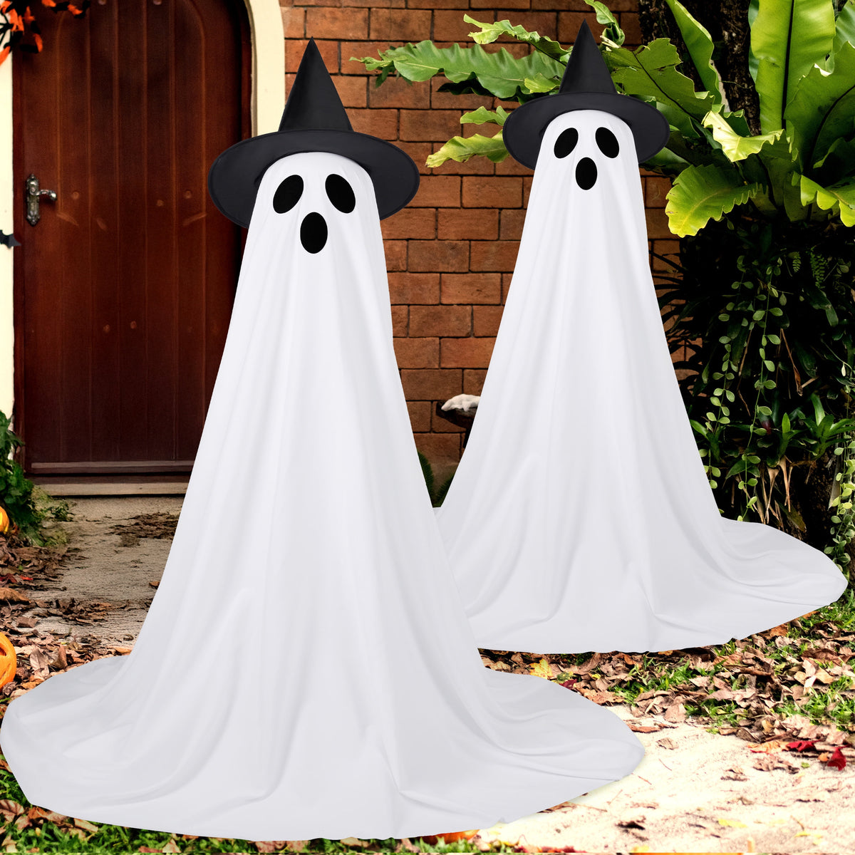Witchwood™ 2 Packs Halloween Decorations Outdoor,Light Up Halloween Spooky Standing Ghost with Witch Hat,Scary Ghosts Decor with LED Lights for Front Porche Yard Garden Home
