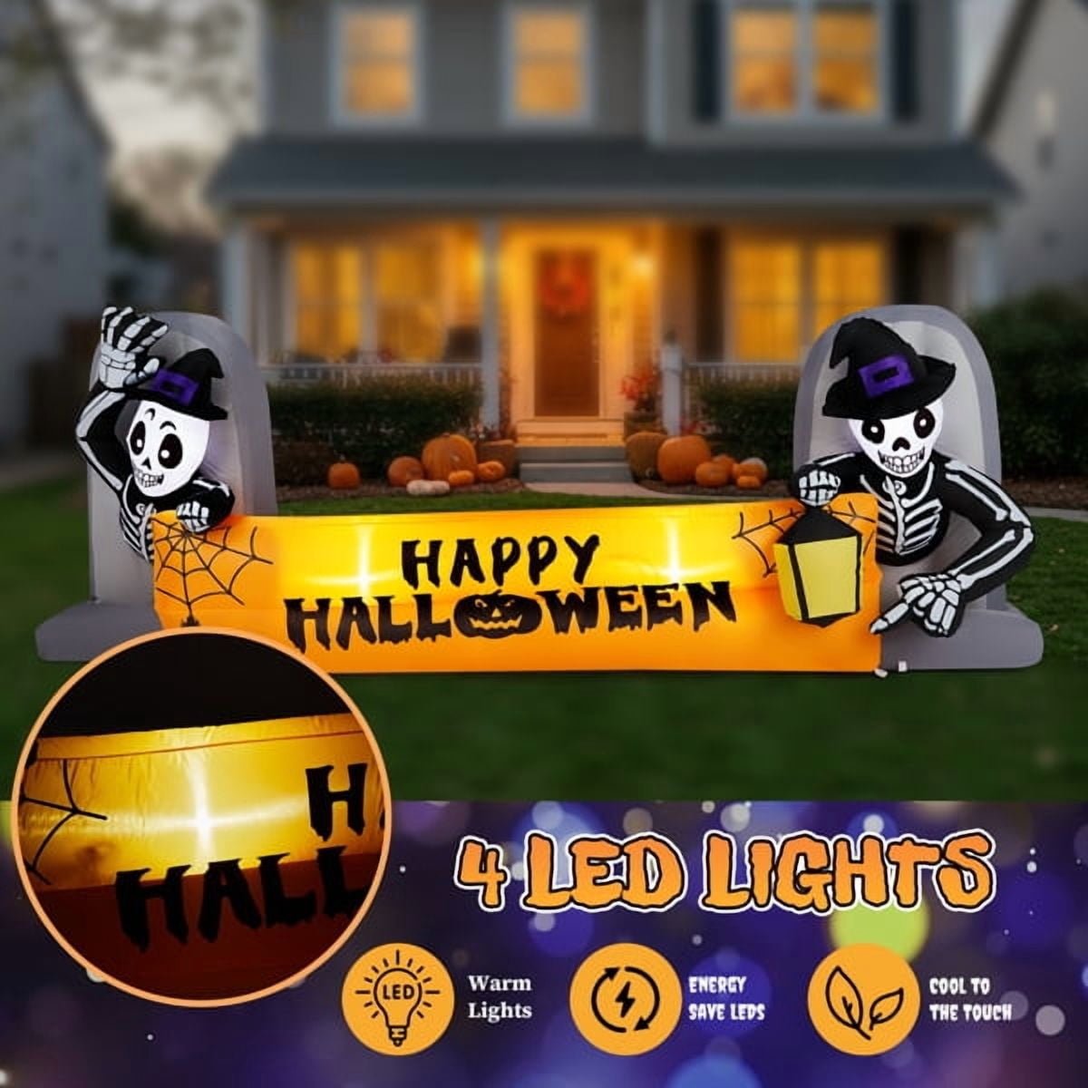 Witchwood™ 9.6FT Halloween Inflatable Skeleton Tombstone Banner, Built-in 4 White LED Lights, Quick Inflation for Yard/Patio/Party