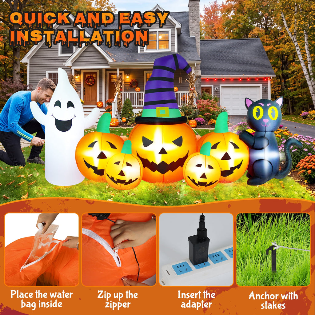 Witchwood™ 8FT Long Halloween Inflatable Pumpkin with Ghost and Black Cat,Outdoor Halloween Decoration with LED Lights for Yard Lawn Garden Porch Party Decor