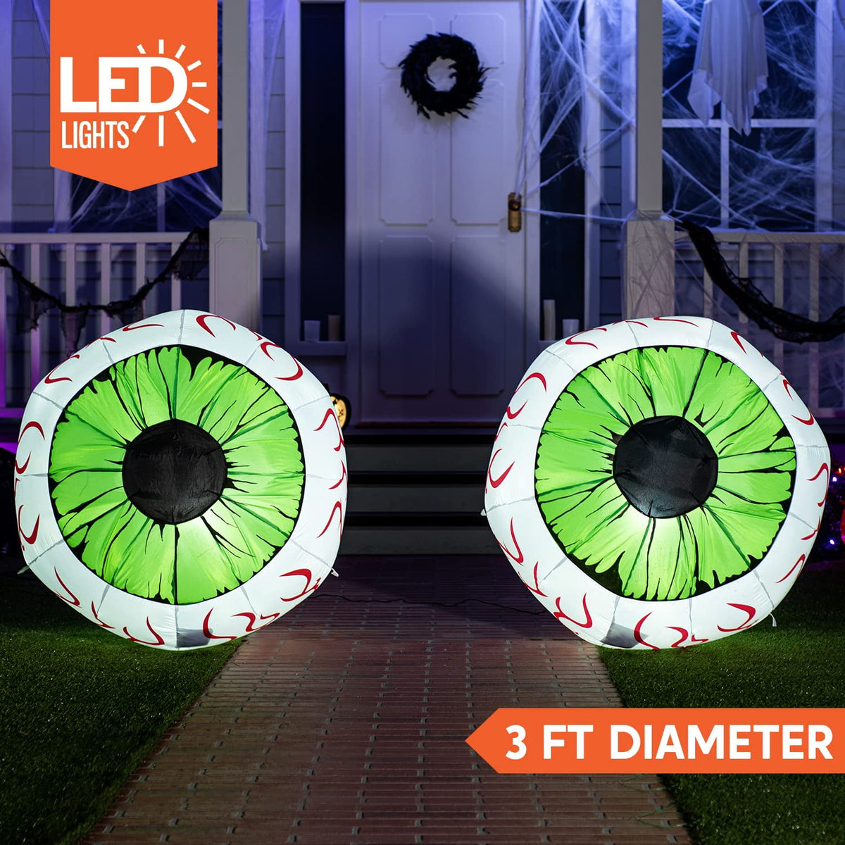 Witchwood™ 2 Pack Halloween Inflatable Eyes Decoration with Build-in LEDs,3 ft Blow Ups Green Eyes for Yard,Halloween Decor Outdoor with LEDs Party Supplies Blow up Decoration