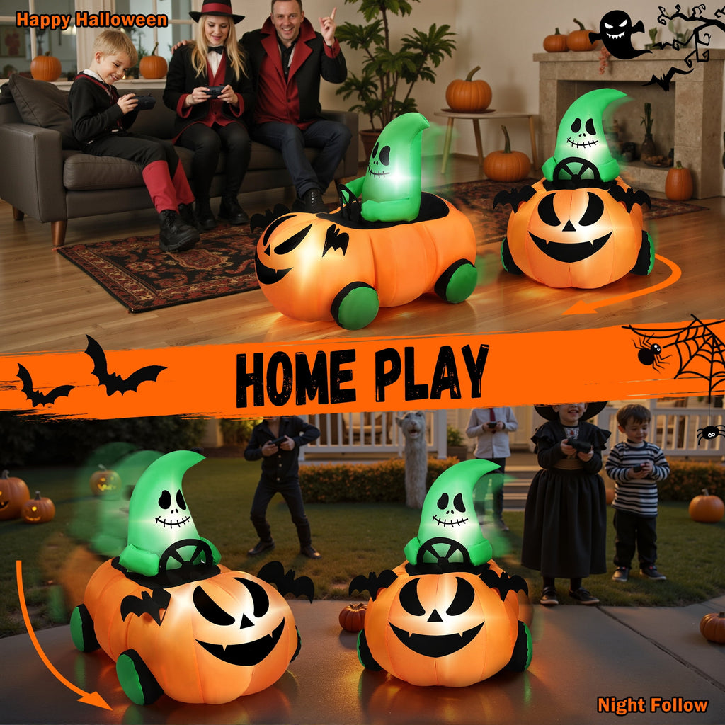 Witchwood™ (2 pack) 2.6ft Halloween Inflatable with Music and Lights,Remote Control Pumpkin Ghost Car,Blow ups Rc Car,Indoor Outdoor,Orange Green