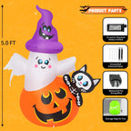 Witchwood™ COMIN 5 FT Halloween Inflatables Pumpkin Ghost Cat Outdoor Decorations Blow Up Yard with Built-in LEDs for Indoor Party Garden Lawn Decor