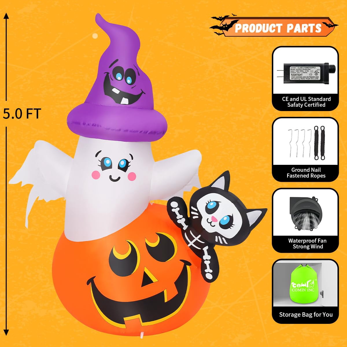 Witchwood™ COMIN 5 FT Halloween Inflatables Pumpkin Ghost Cat Outdoor Decorations Blow Up Yard with Built-in LEDs for Indoor Party Garden Lawn Decor