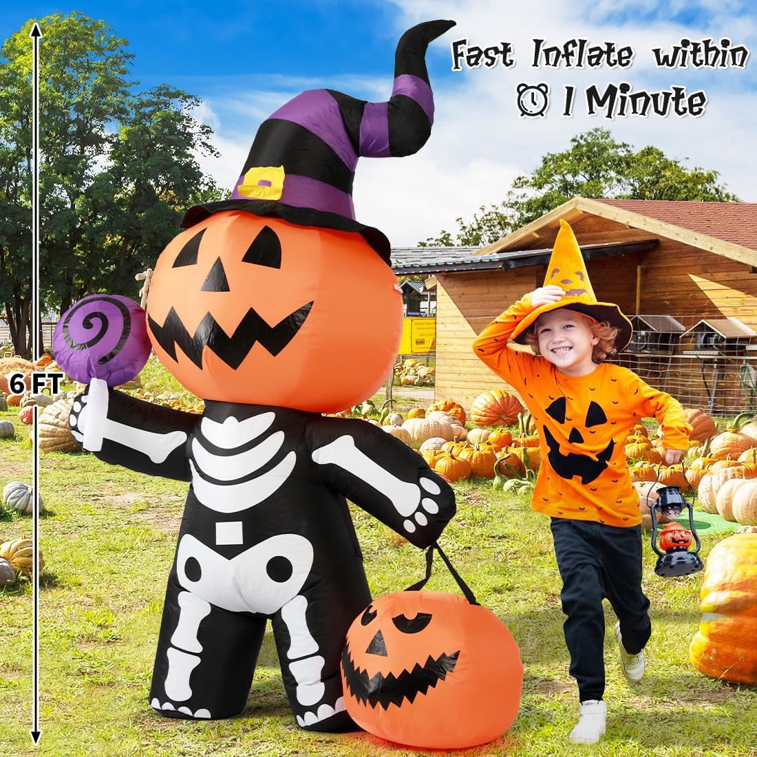 Witchwood™ Halloween Inflatables 6 FT Halloween Pumpkin Inflatable with Skull Body, Scary Blow Up Halloween Pumpkin Decoration with LED Lights, Outdoor Halloween Decorations Clearance for Holiday Party