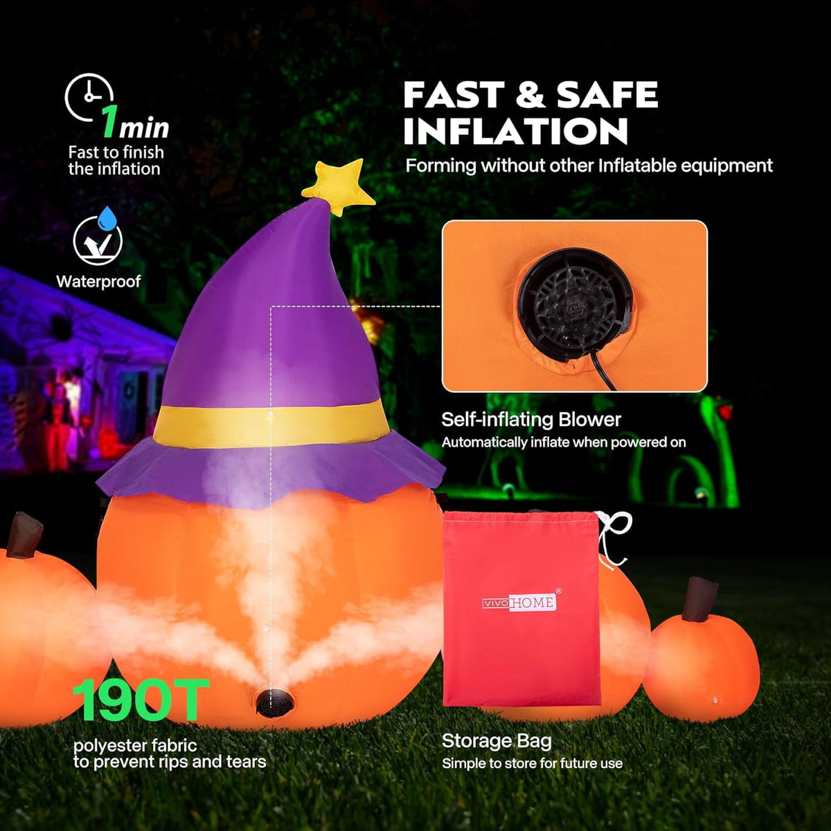 Witchwood™ SPECSTAR 6ft Long Halloween Inflatable LED Lighted Pumpkin Family Blow up Outdoor Lawn Yard Decoration
