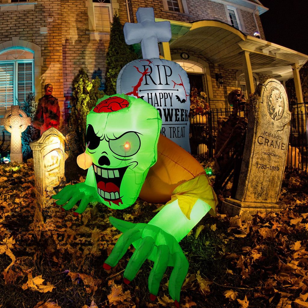 Witchwood™ 5.7FT Inflatable Halloween Inflatable Crawling Green Ghost with Tombstone Built-in LED Lights Inflatable LED Lights Blow Up Yard Decoration
