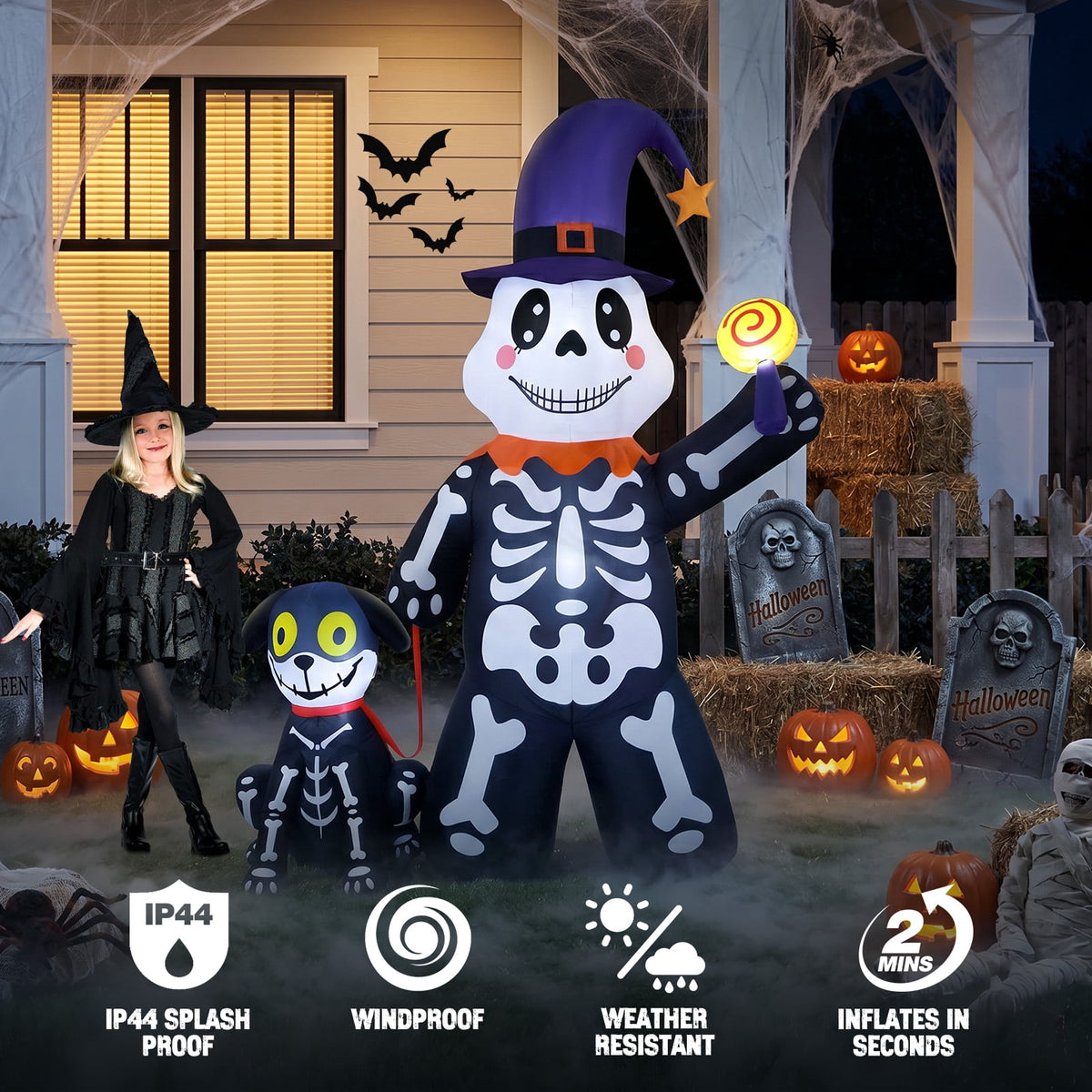 Witchwood™ Halloween Inflatables Decorations Skeleton and Dog, Halloween Blow ups Yard Decorations Outdoor for Garden Lawn