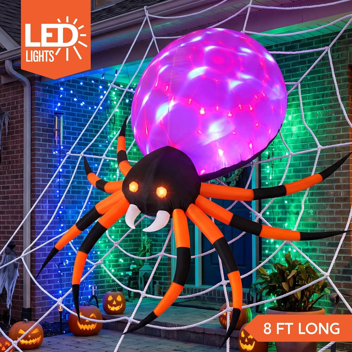 Witchwood™ 8 FT Halloween Inflatables Spider with Rotating Colorful Light,Light Up Spider with Orange Eyes Halloween Blow up Yard Decorations,Outdoor Halloween Decor