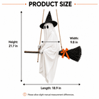 Witchwood™ LIGHTED HANGING GHOST WITCH HALLOWEEN DECORATION Floating White Ghost With Black Witch Hat Rustic Broom And Orange Bow Warm Glow