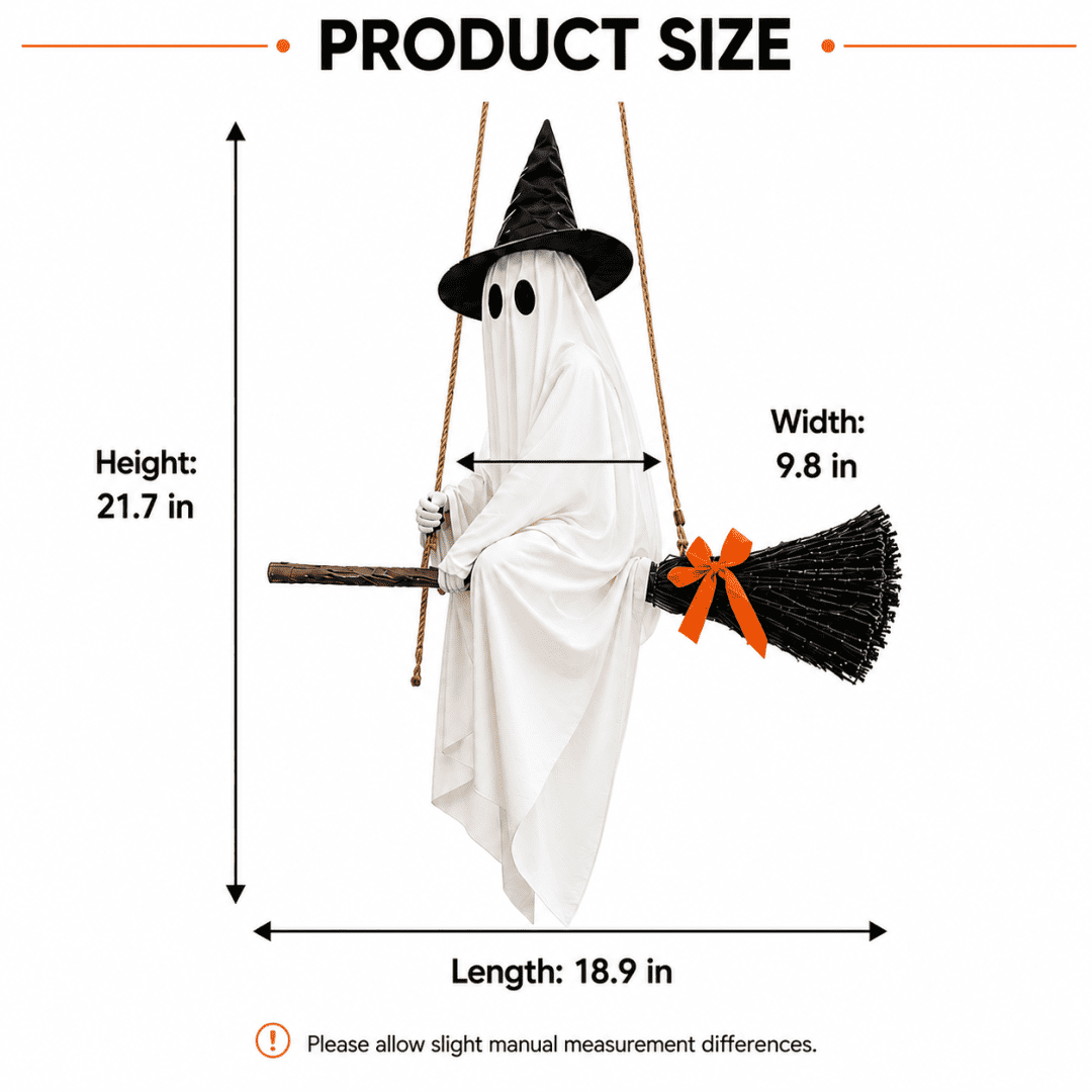 Witchwood™ LIGHTED HANGING GHOST WITCH HALLOWEEN DECORATION Floating White Ghost With Black Witch Hat Rustic Broom And Orange Bow Warm Glow