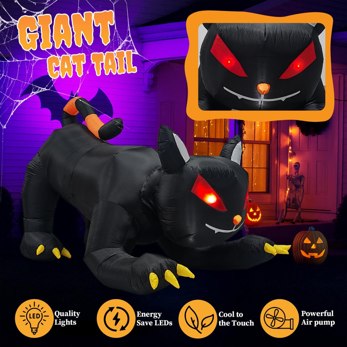Witchwood™ 6.5FT Halloween Inflatable Black Cat, Blow Up Yard Decoration with Shakable Head & LED Lights, Large Halloween Decor for Yard, Party, Garden