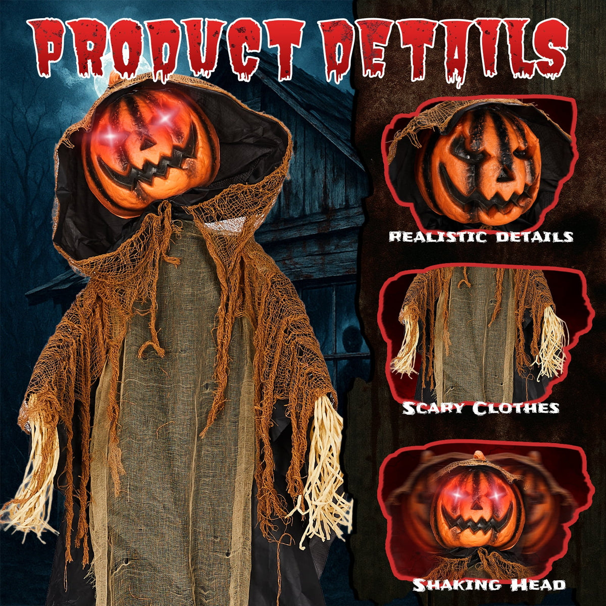 Witchwood™ 6ft Pumpkin Man Animated Animatronic Decoration Creepy Halloween w/ Classic Cape Creepy Cloaked Jack-o'-Lantern for Porch & Yard