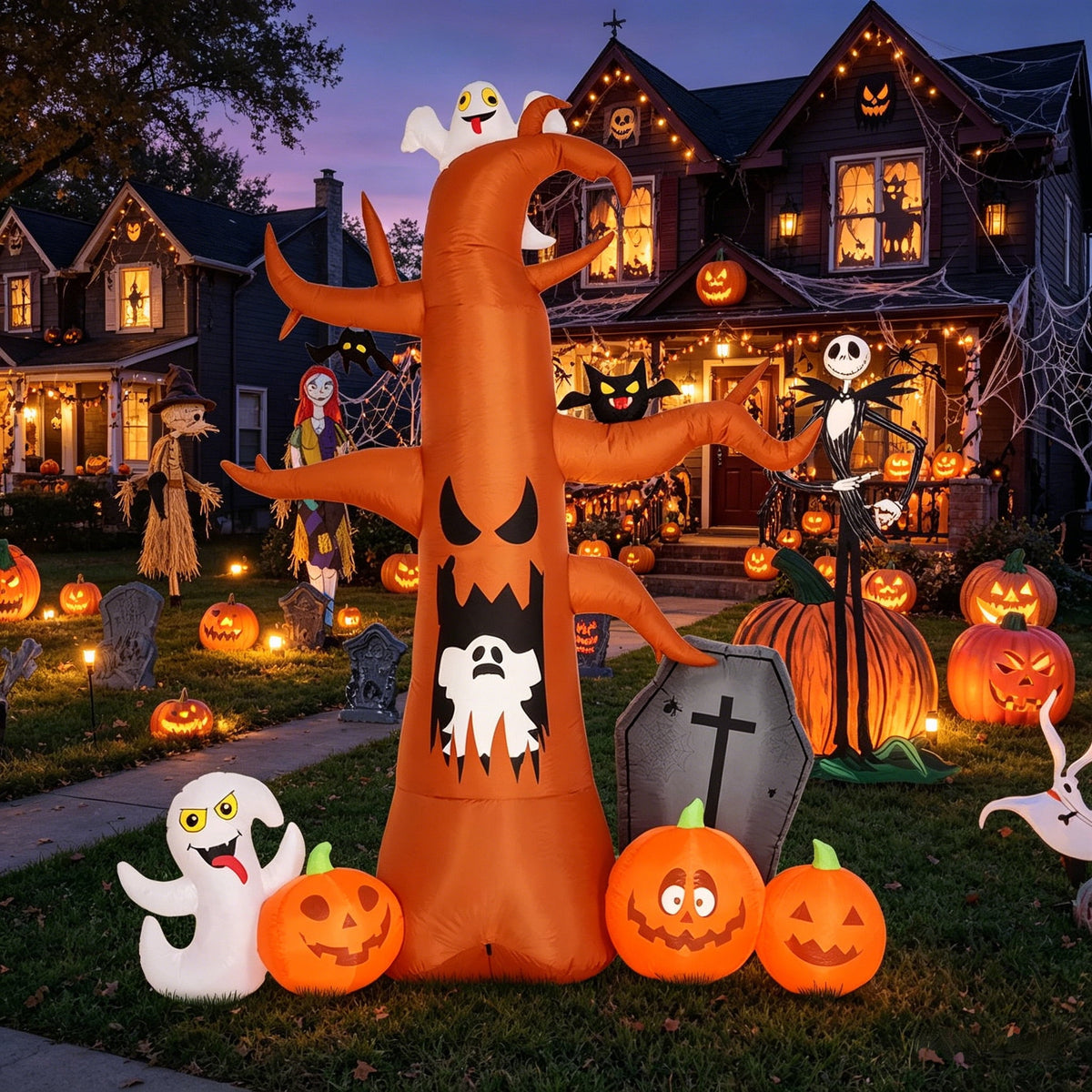 Witchwood™ Coolmade 8 ft Halloween Inflatable Outdoor Dead Tree with Ghosts Pumpkins Tombstone Bat, Halloween Blow Up Yard Decorations Clearance with Build-in LED Lights for Holiday Party Lawn Yard Garden