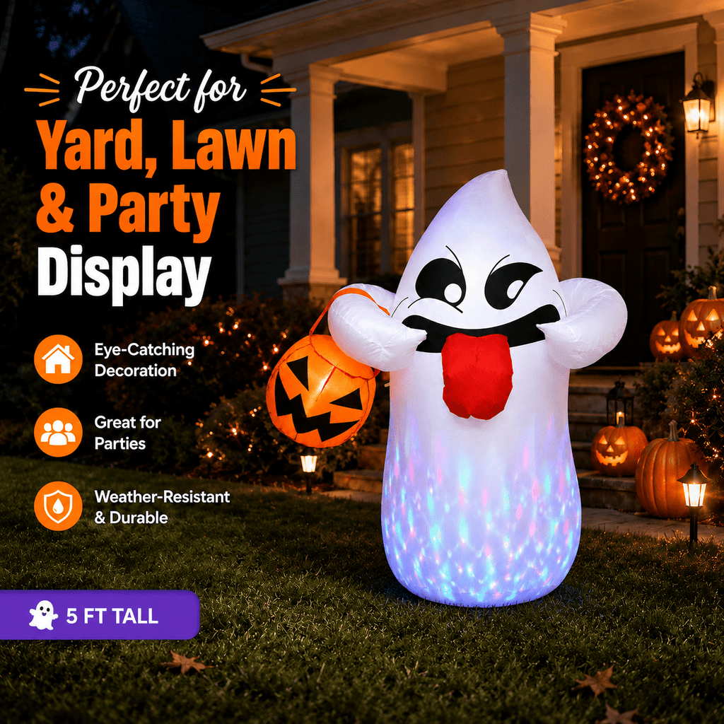 Witchwood™ 5FT Halloween Inflatable Ghost Holding Pumpkin Lantern, Light-Up Blow Up Outdoor Yard Decoration with RGB LED Lights